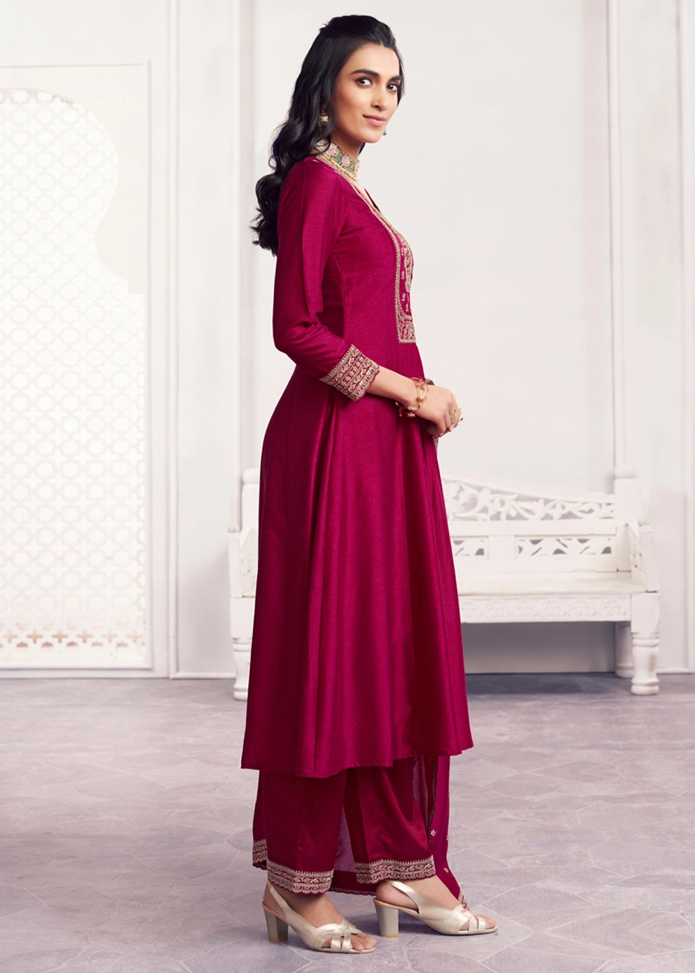 Magenta Pink Silk Couture A-Line Kurta Set with Embroidery