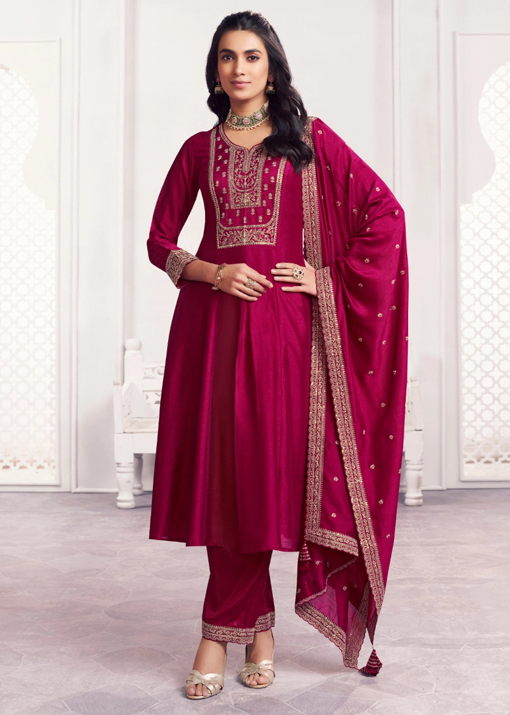 Magenta Pink Silk Couture A-Line Kurta Set with Embroidery