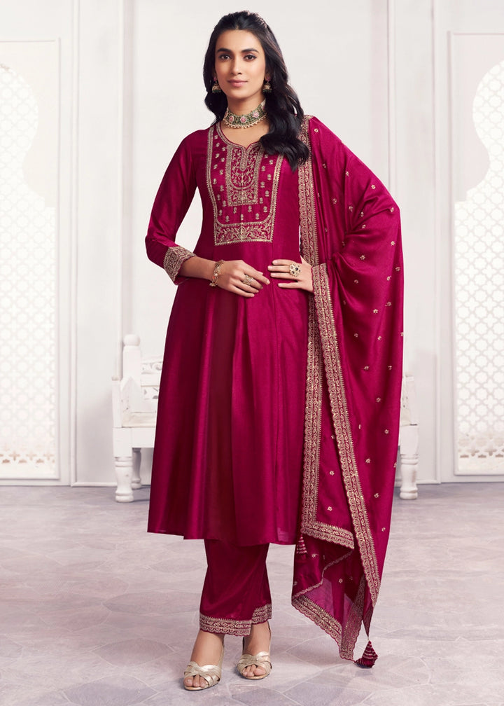 Magenta Pink Silk Couture A-Line Kurta Set with Embroidery