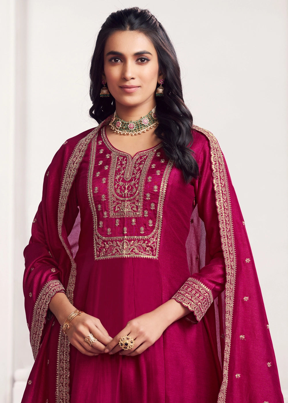 Magenta Pink Silk Couture A-Line Kurta Set with Embroidery