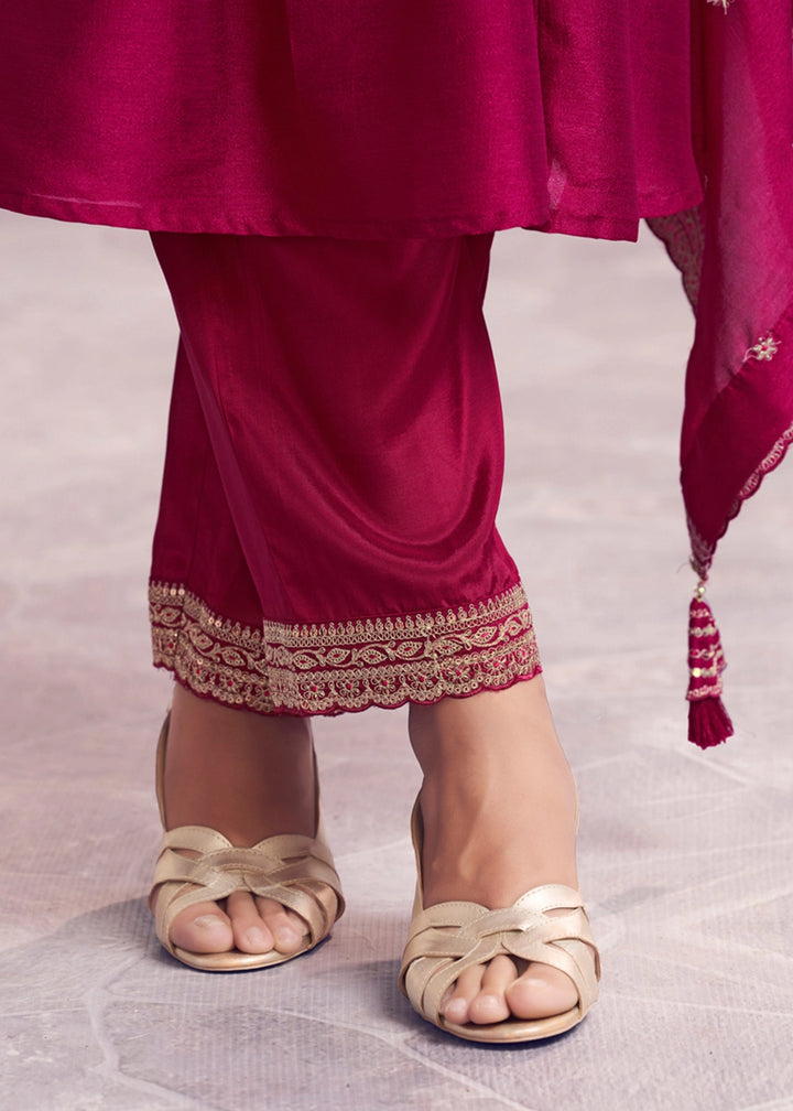 Magenta Pink Silk Couture A-Line Kurta Set with Embroidery