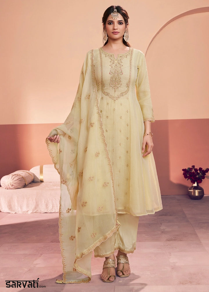 Cream White Tissue Kurta with Trousers & Intricate Embroidery