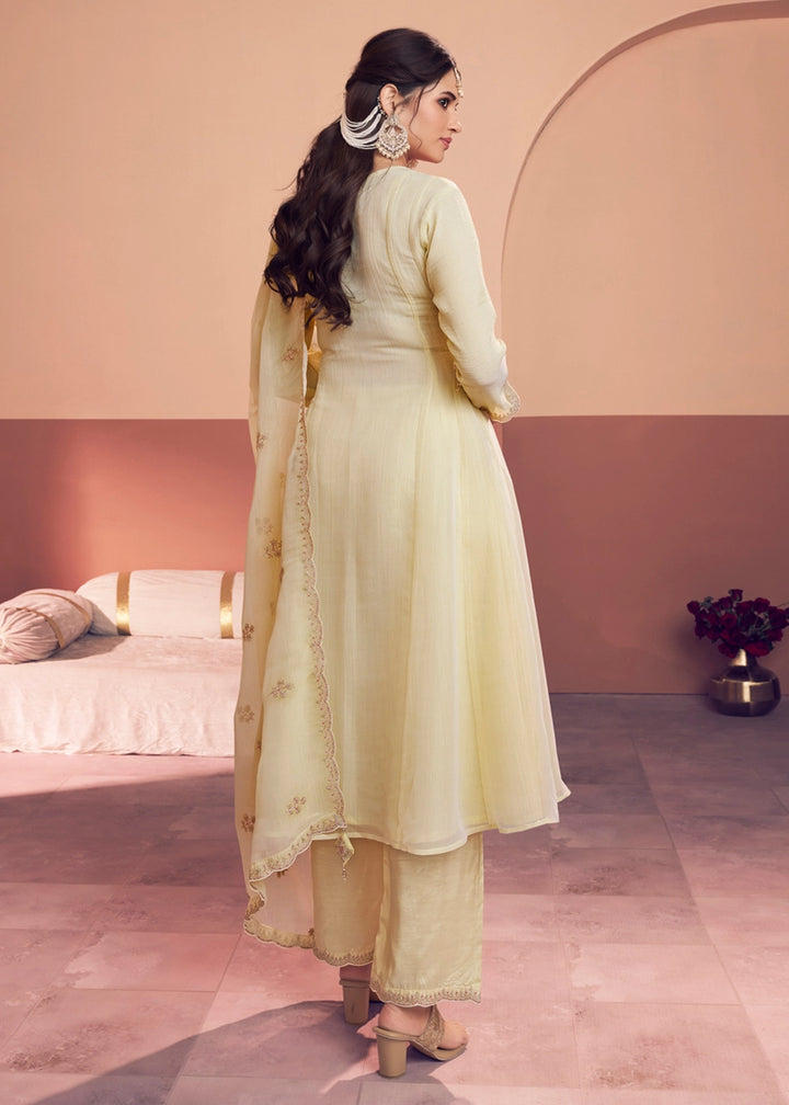 Cream White Tissue Kurta with Trousers & Intricate Embroidery