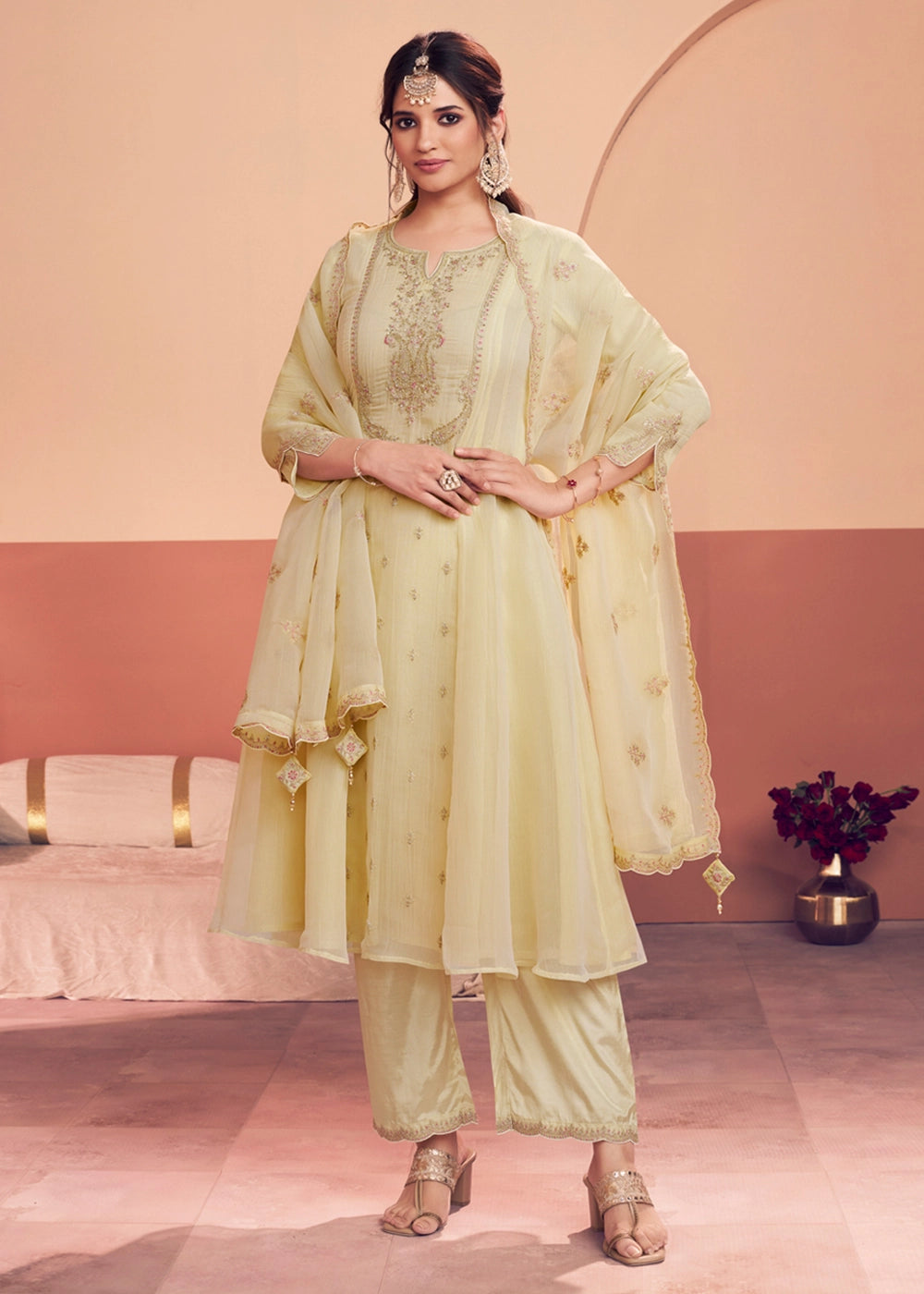 Cream White Tissue Kurta with Trousers & Intricate Embroidery
