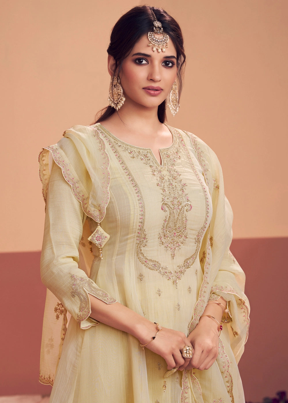 Cream White Tissue Kurta with Trousers & Intricate Embroidery
