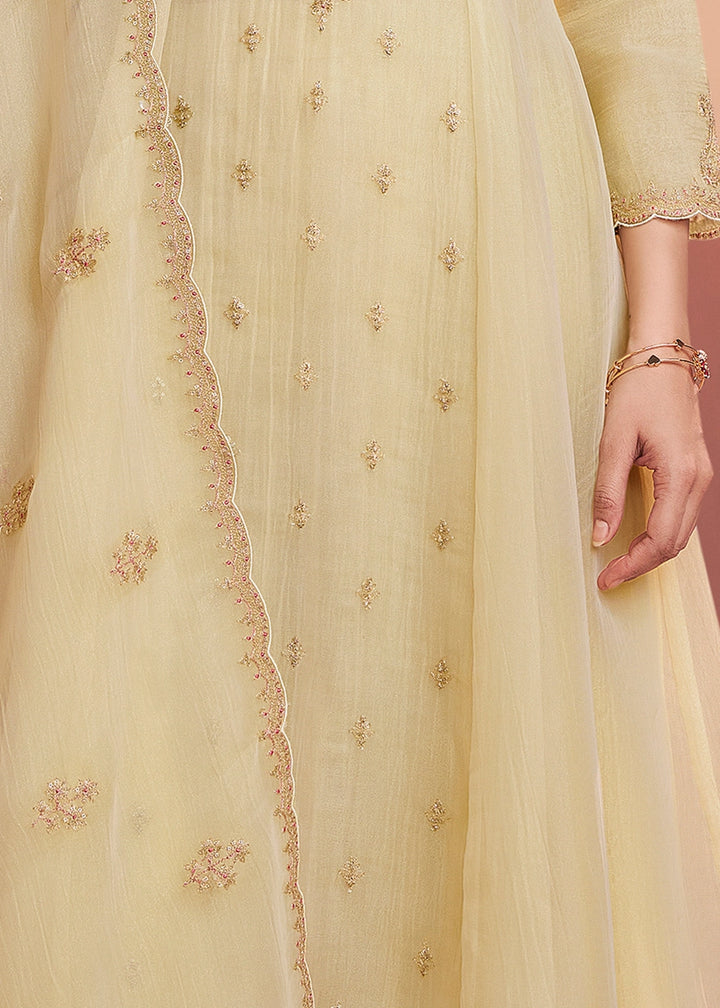 Cream White Tissue Kurta with Trousers & Intricate Embroidery