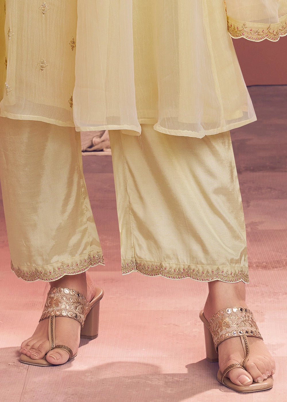 Cream White Tissue Kurta with Trousers & Intricate Embroidery