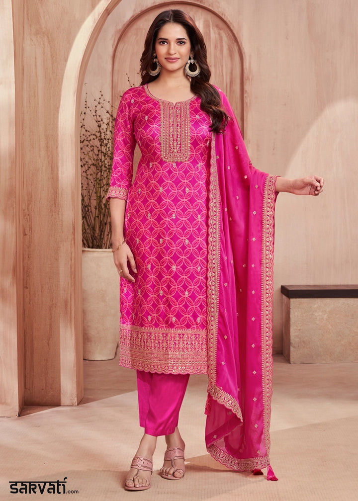 Hot Pink Silk Straight Kurta Set with Embroidered work