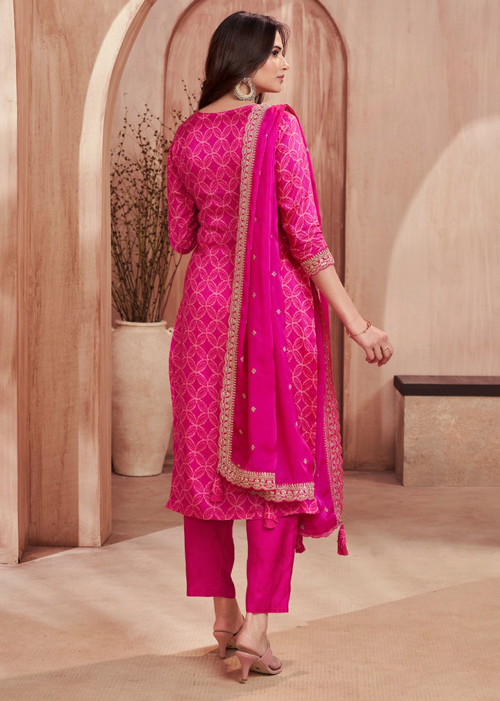 Hot Pink Silk Straight Kurta Set with Embroidered work