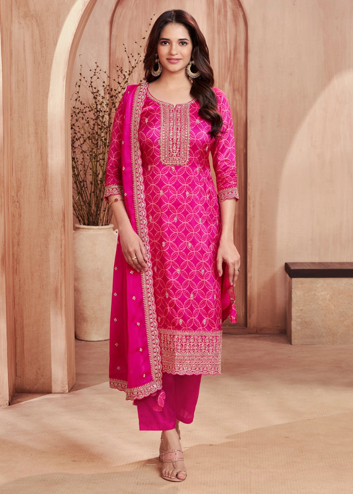 Hot Pink Silk Straight Kurta Set with Embroidered work