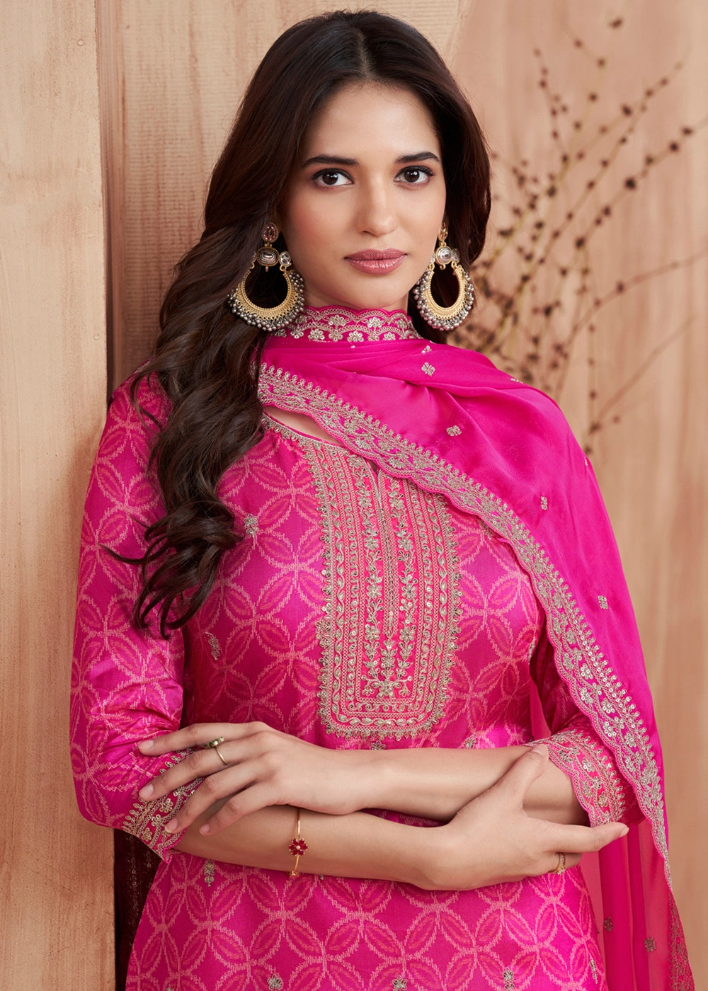 Hot Pink Silk Straight Kurta Set with Embroidered work