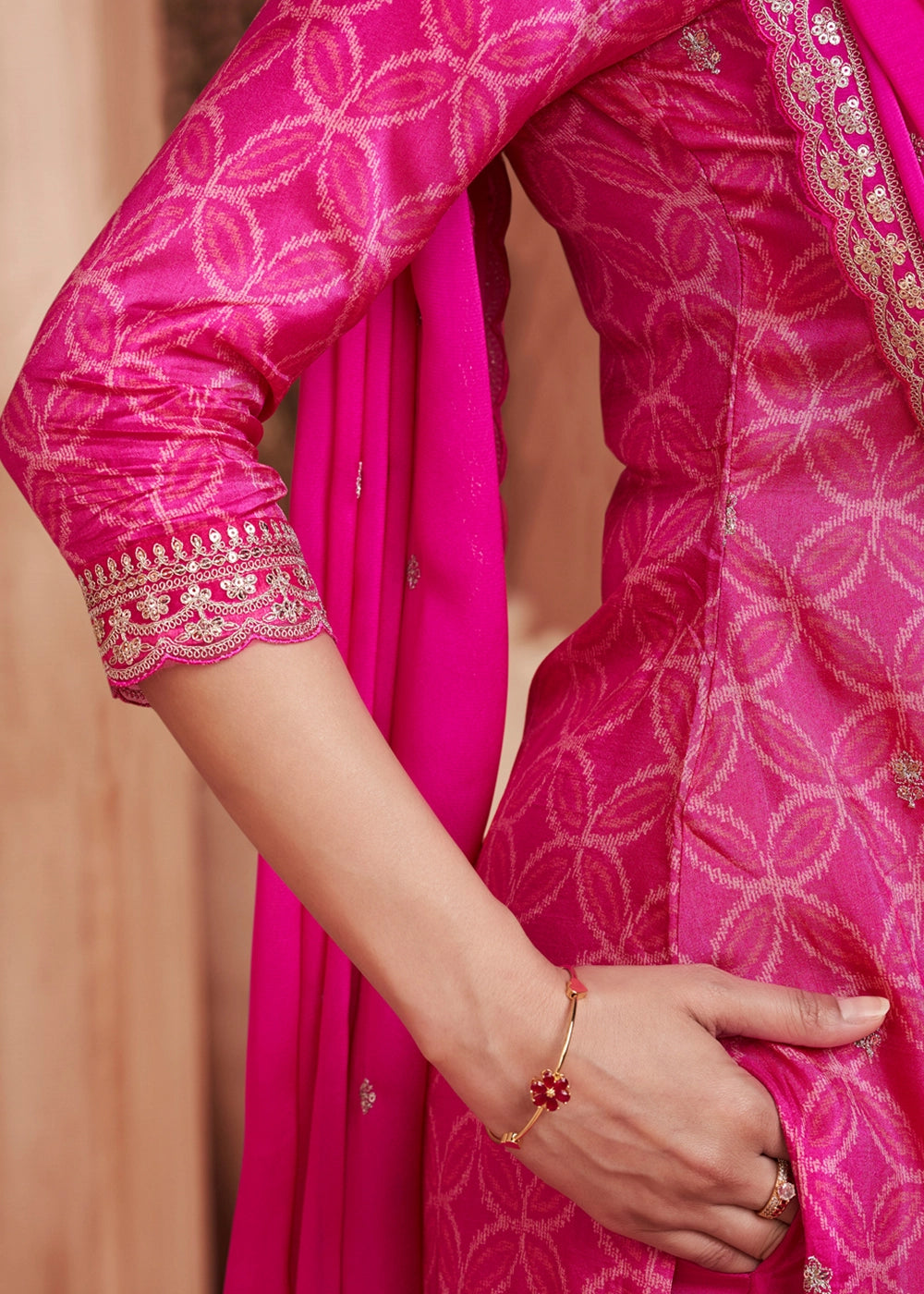 Hot Pink Silk Straight Kurta Set with Embroidered work