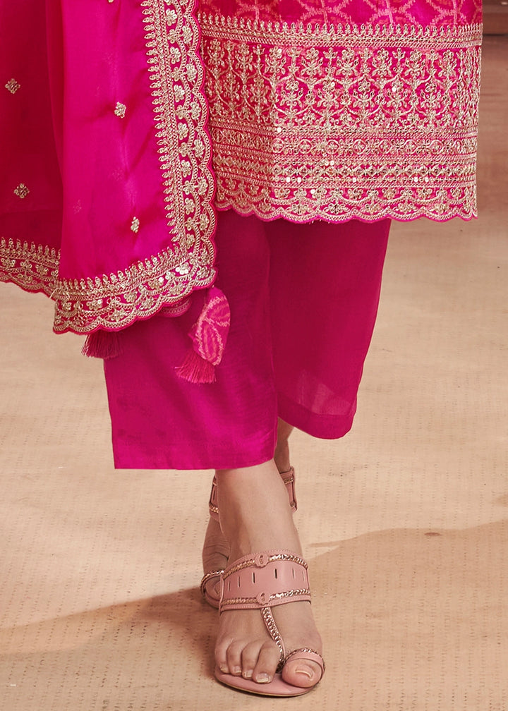 Hot Pink Silk Straight Kurta Set with Embroidered work