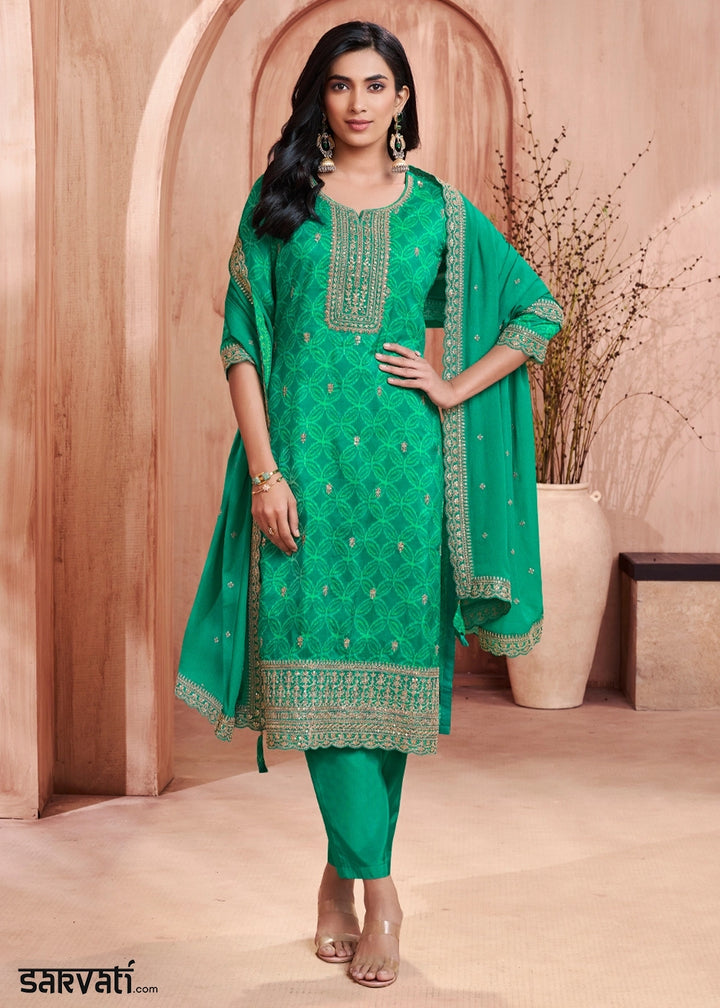 Parakeet Green Silk Straight Kurta Set with Embroidered work