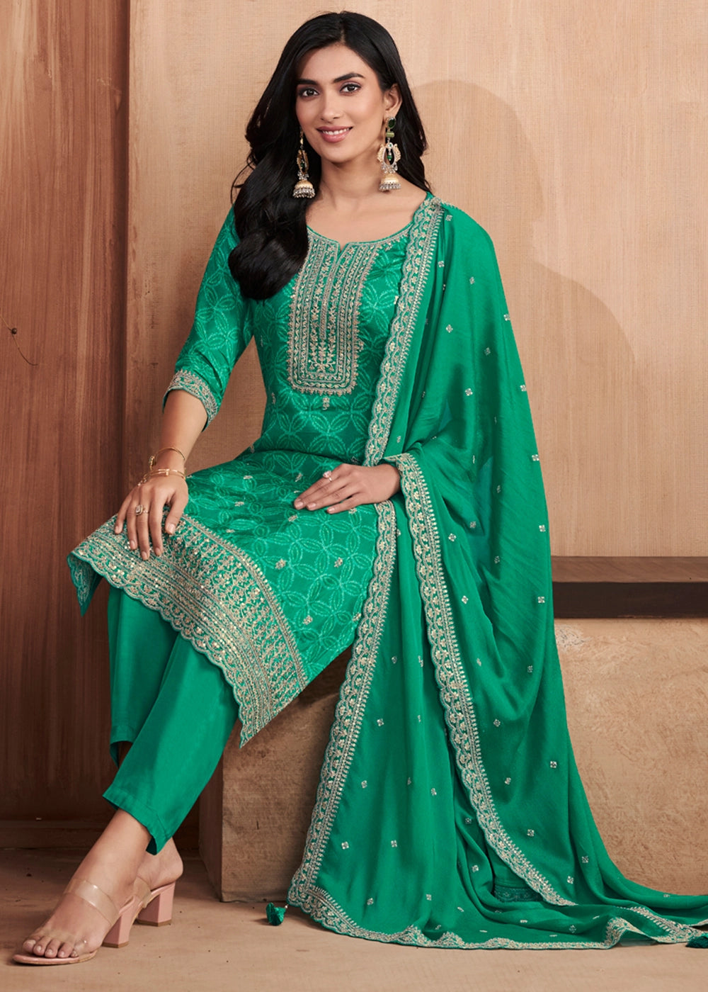 Parakeet Green Silk Straight Kurta Set with Embroidered work