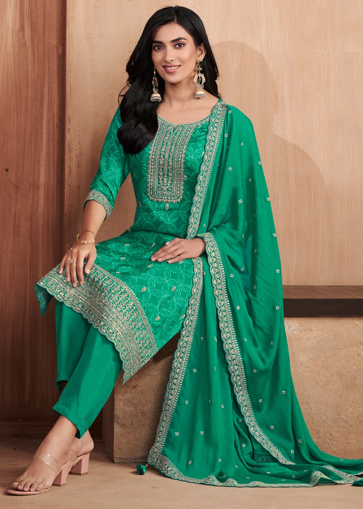 Parakeet Green Silk Straight Kurta Set with Embroidered work