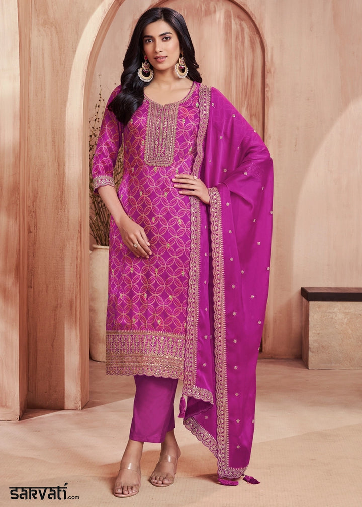 Bright Purple Silk Straight Kurta Set with Embroidered work