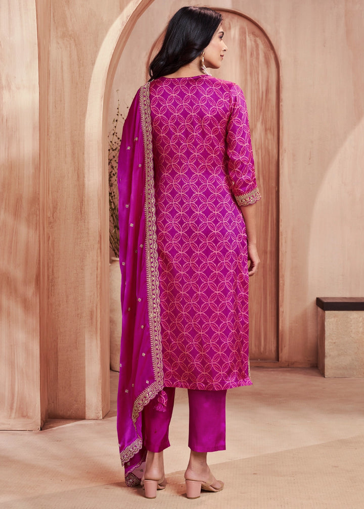 Bright Purple Silk Straight Kurta Set with Embroidered work