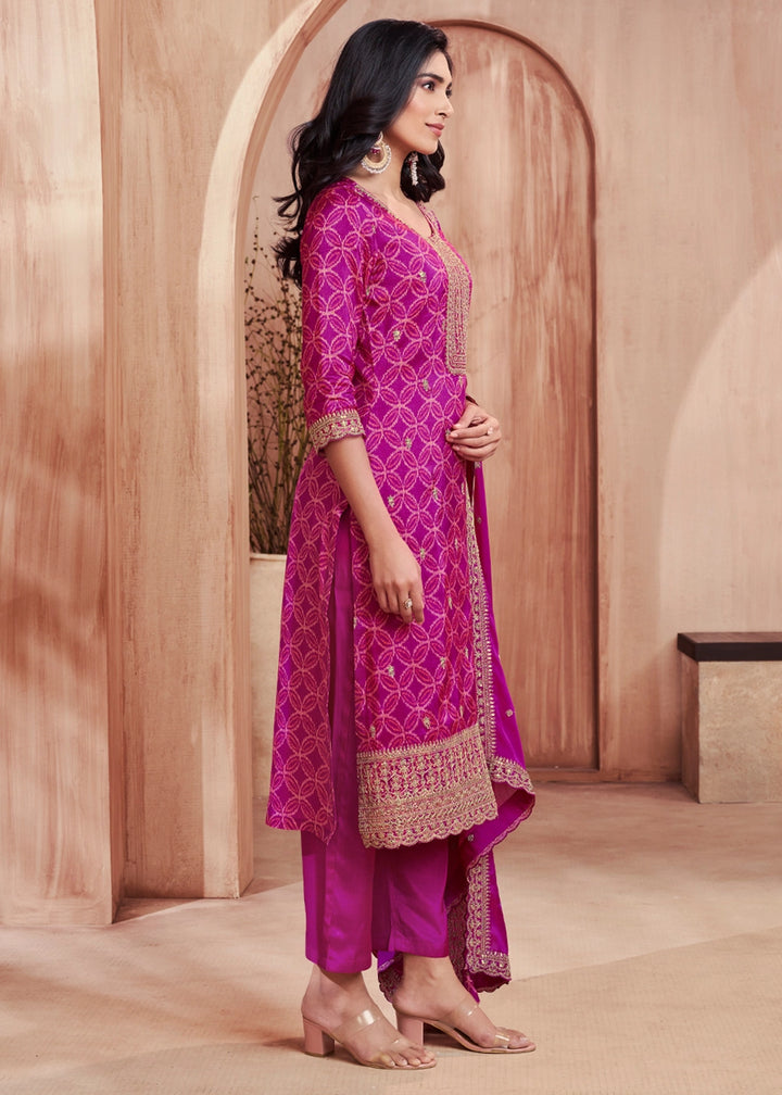 Bright Purple Silk Straight Kurta Set with Embroidered work