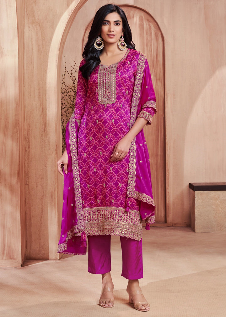 Bright Purple Silk Straight Kurta Set with Embroidered work