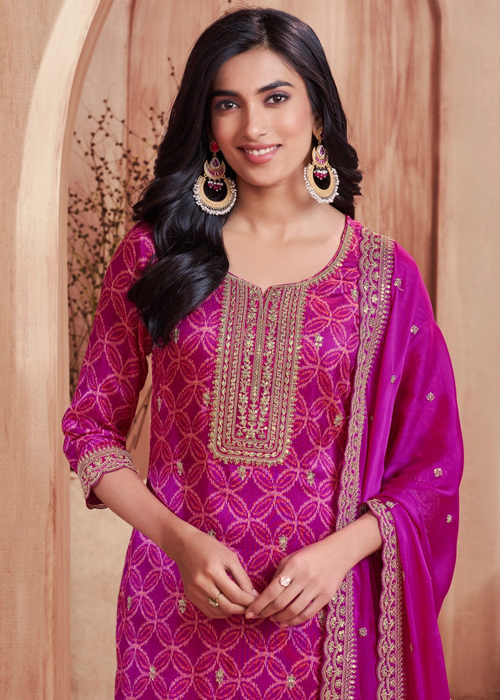 Bright Purple Silk Straight Kurta Set with Embroidered work