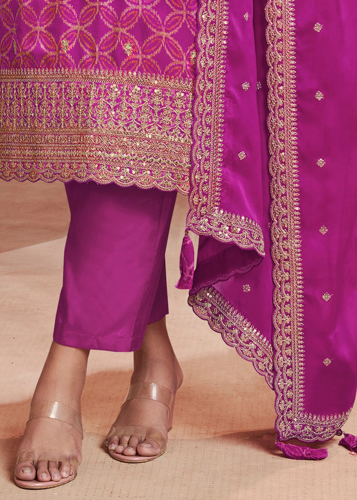 Bright Purple Silk Straight Kurta Set with Embroidered work