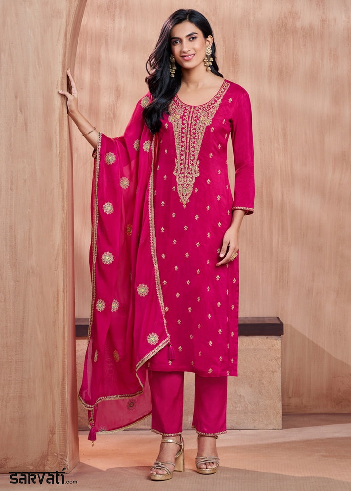 Strawberry Pink Dola Silk Straight Kurta Set with Embroidered work