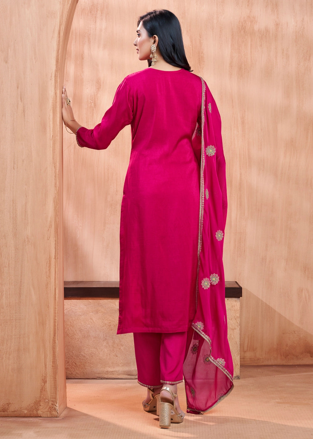 Strawberry Pink Dola Silk Straight Kurta Set with Embroidered work