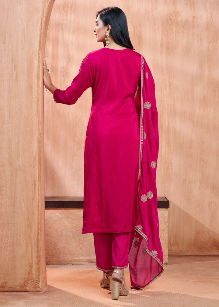 Strawberry Pink Dola Silk Straight Kurta Set with Embroidered work