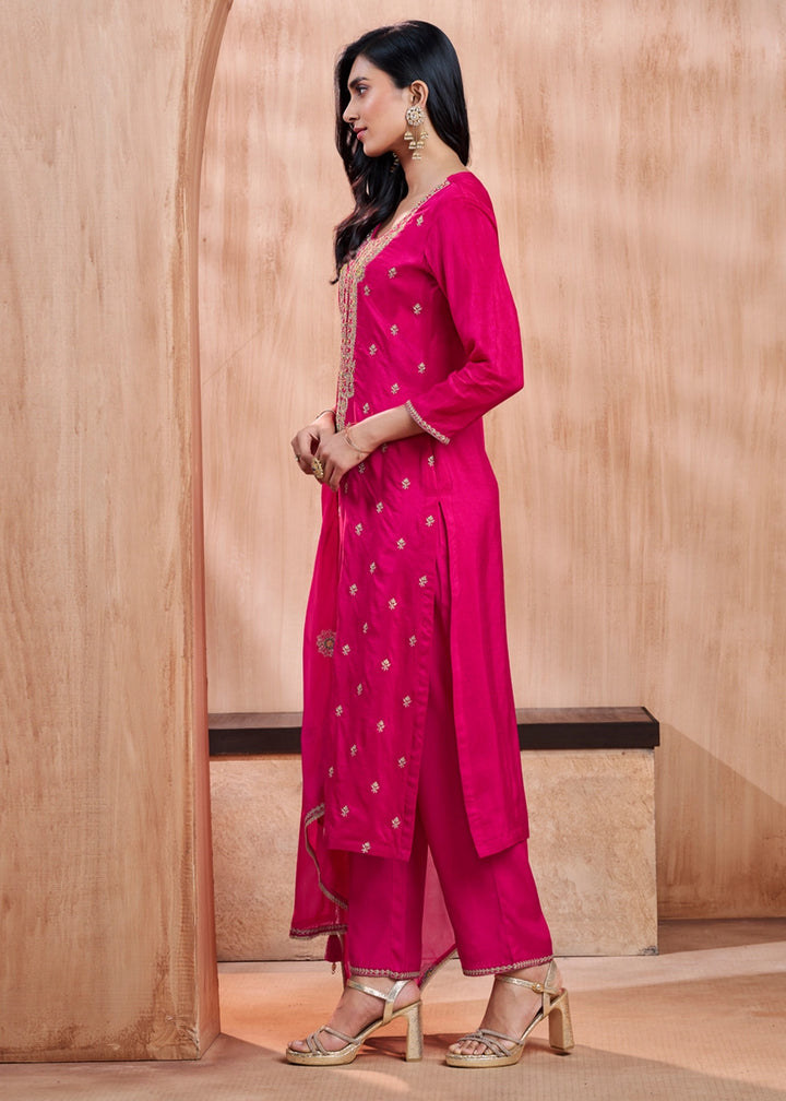 Strawberry Pink Dola Silk Straight Kurta Set with Embroidered work