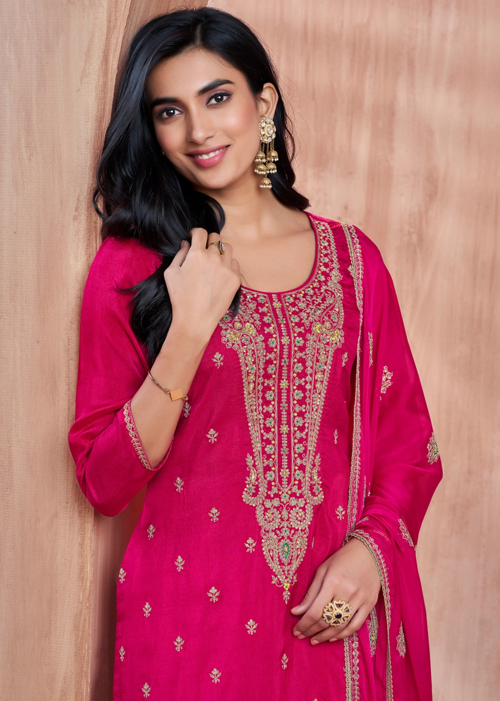 Strawberry Pink Dola Silk Straight Kurta Set with Embroidered work