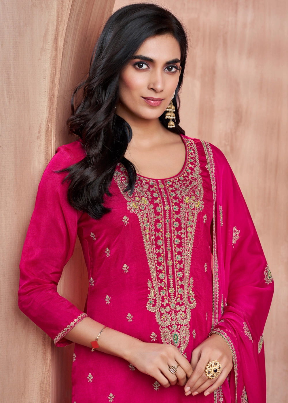 Strawberry Pink Dola Silk Straight Kurta Set with Embroidered work