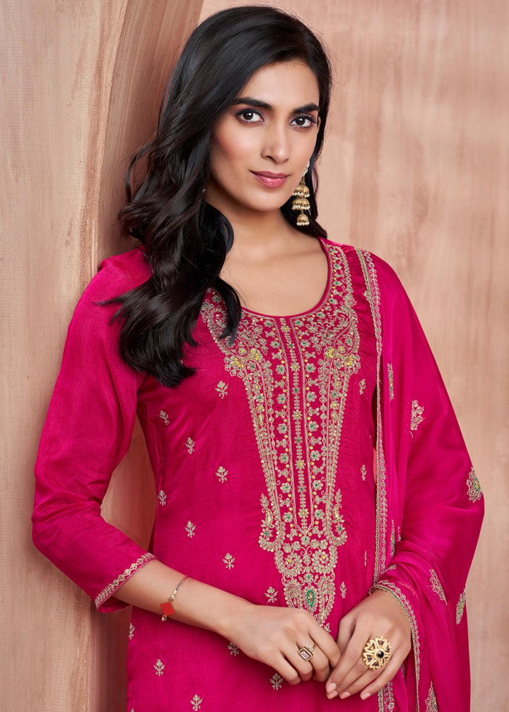 Strawberry Pink Dola Silk Straight Kurta Set with Embroidered work