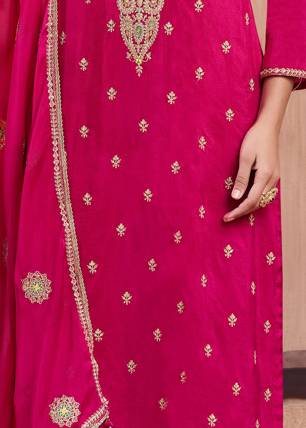 Strawberry Pink Dola Silk Straight Kurta Set with Embroidered work