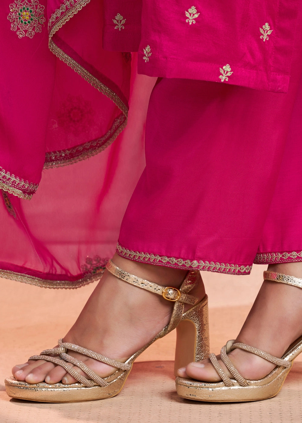 Strawberry Pink Dola Silk Straight Kurta Set with Embroidered work