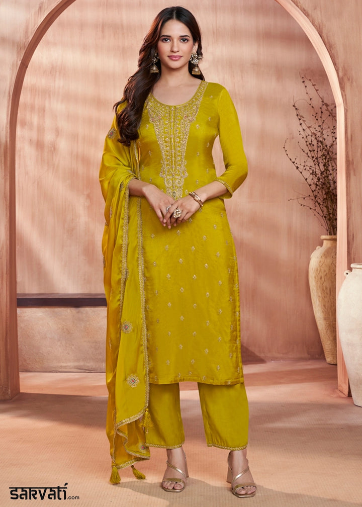 Greenish Yellow Dola Silk Straight Kurta Set with Embroidered work
