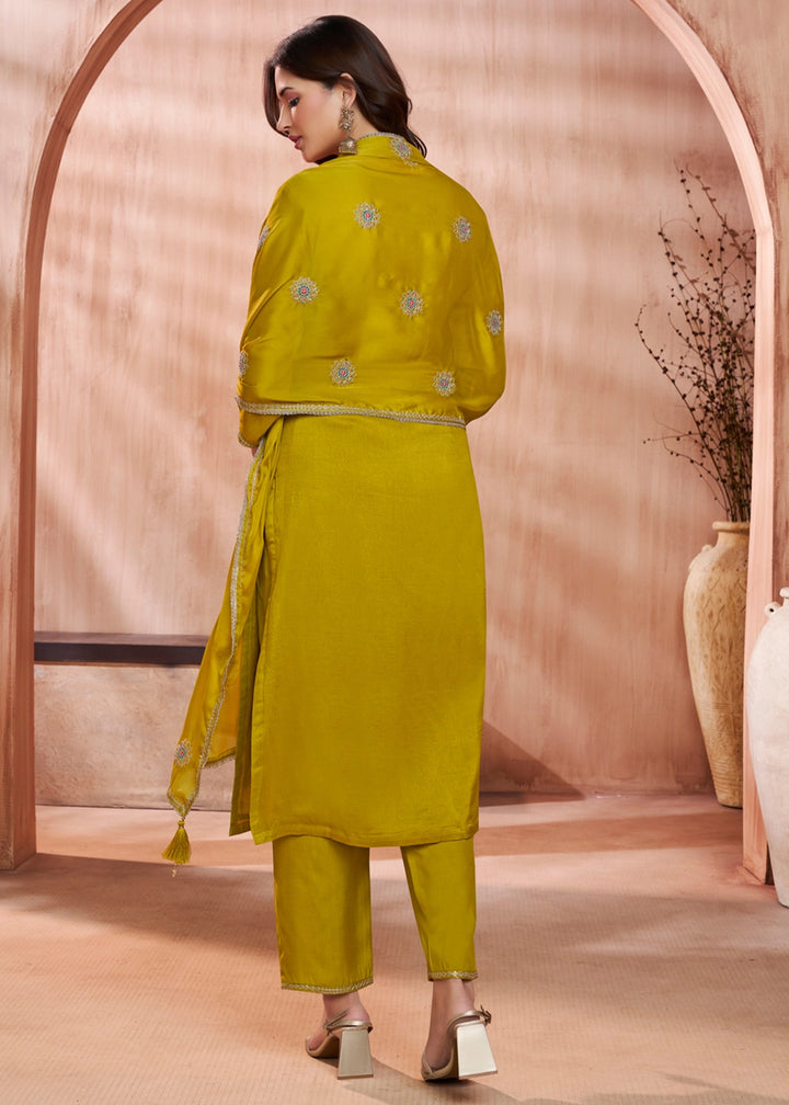 Greenish Yellow Dola Silk Straight Kurta Set with Embroidered work