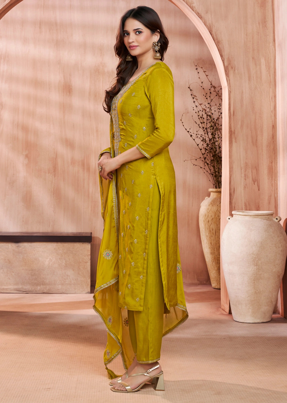 Greenish Yellow Dola Silk Straight Kurta Set with Embroidered work