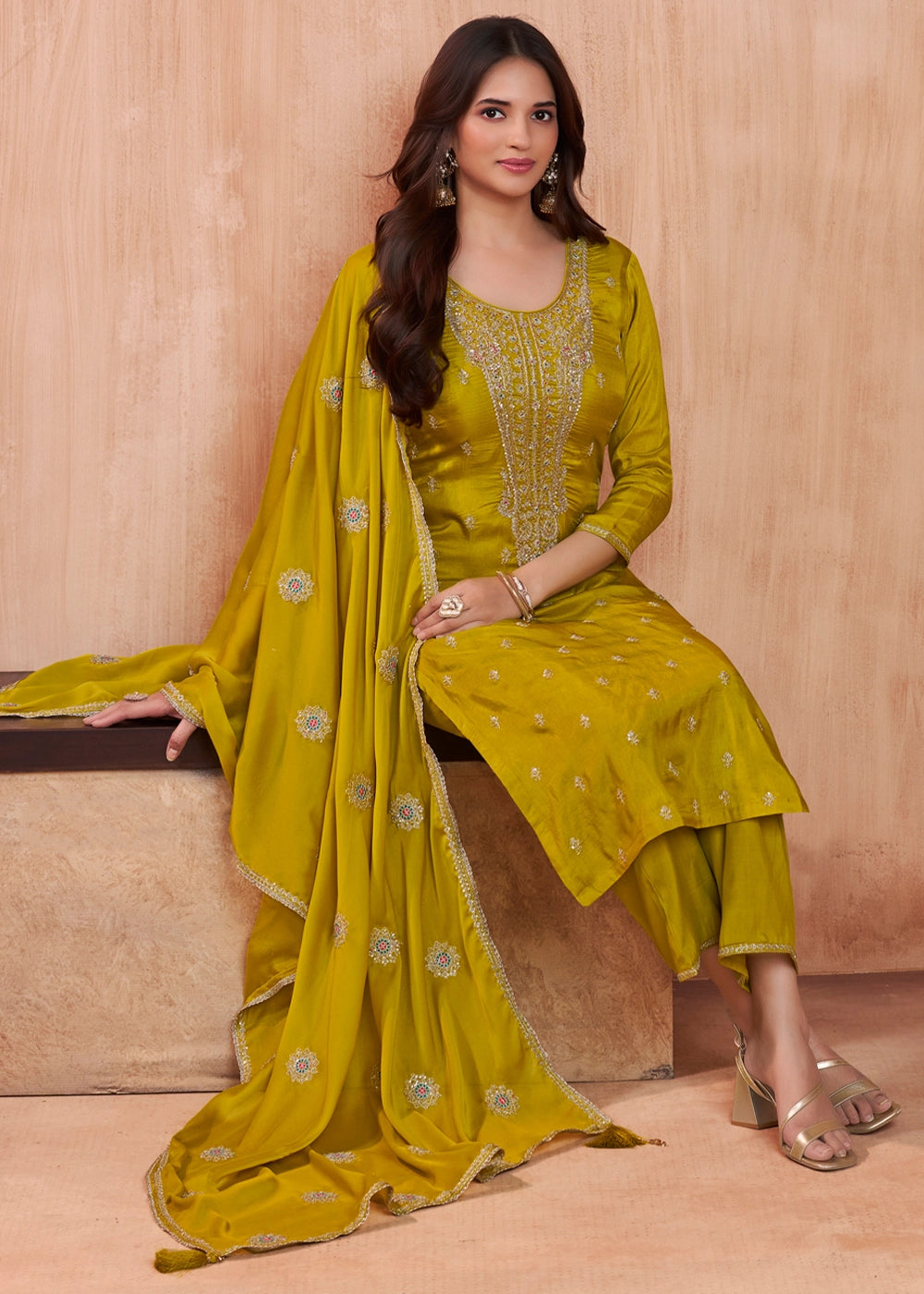Greenish Yellow Dola Silk Straight Kurta Set with Embroidered work