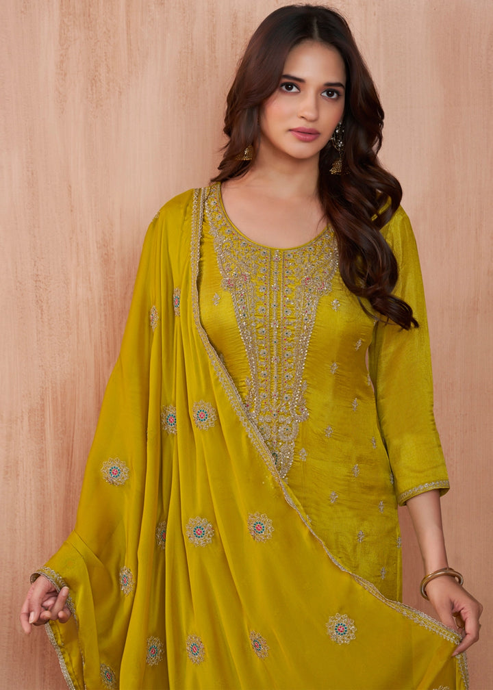 Greenish Yellow Dola Silk Straight Kurta Set with Embroidered work