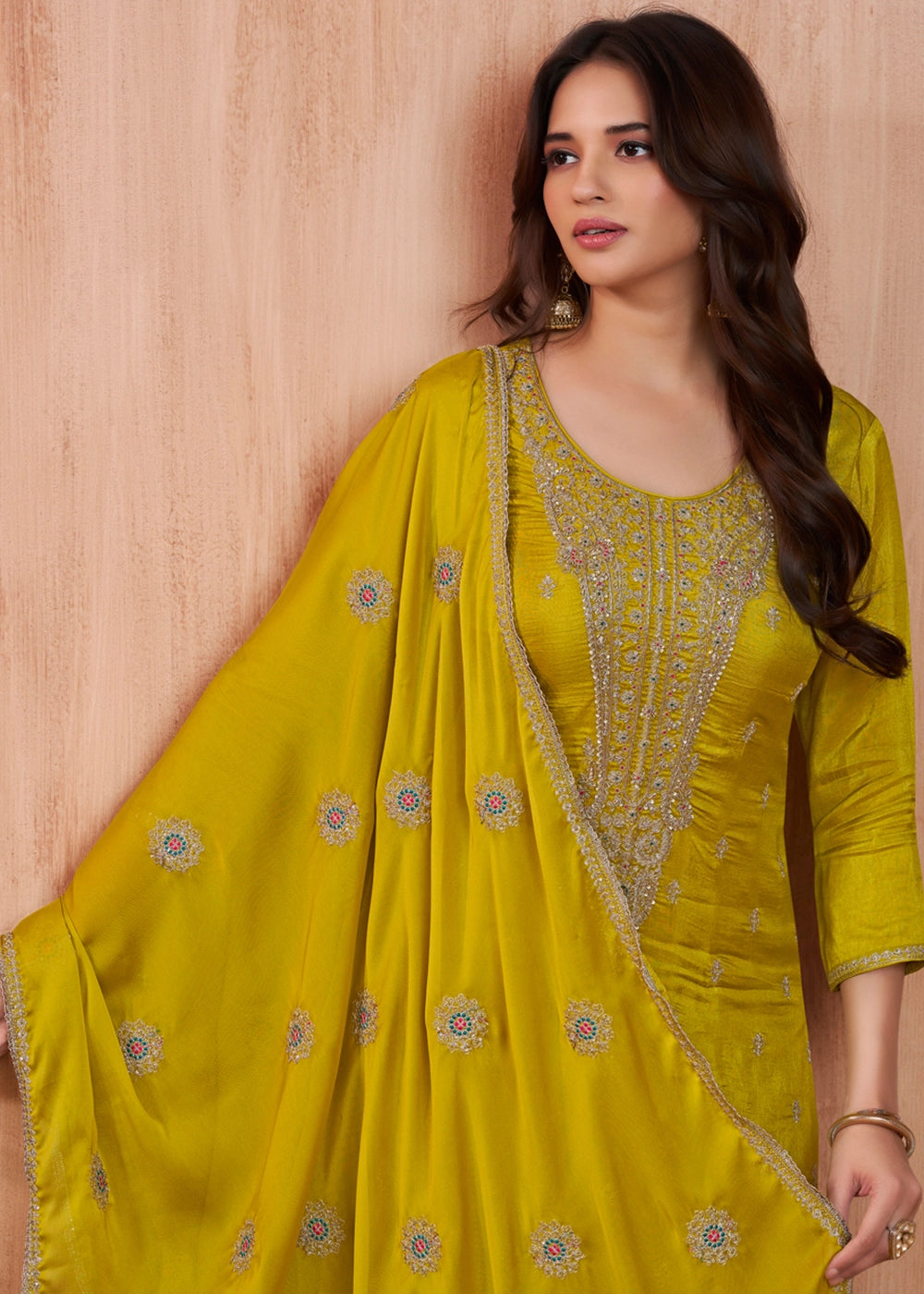 Greenish Yellow Dola Silk Straight Kurta Set with Embroidered work