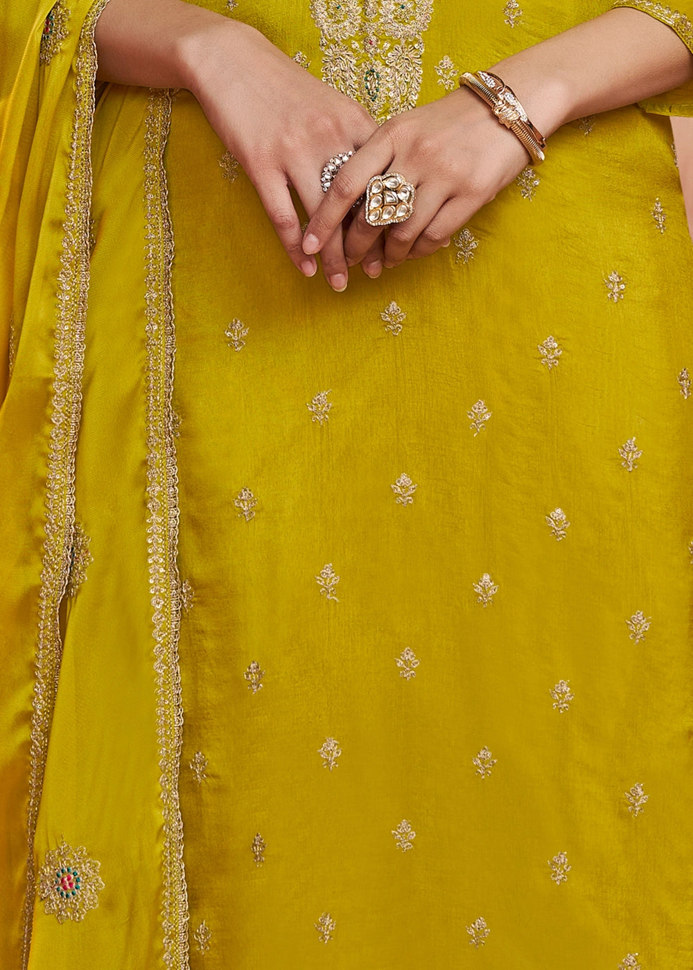 Greenish Yellow Dola Silk Straight Kurta Set with Embroidered work