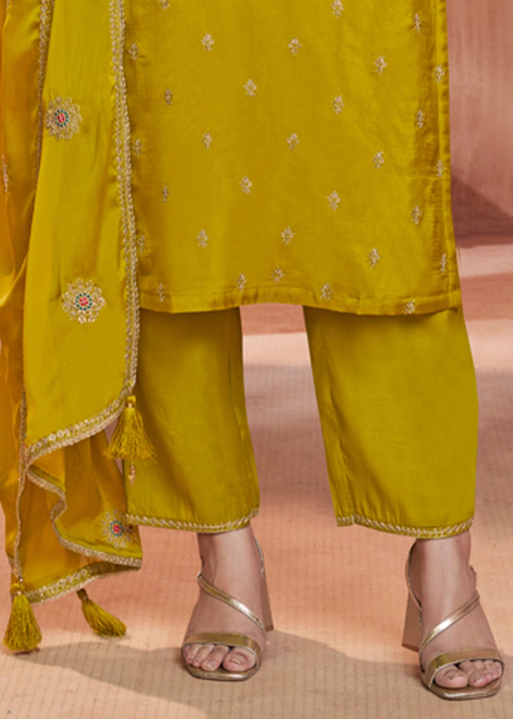 Greenish Yellow Dola Silk Straight Kurta Set with Embroidered work