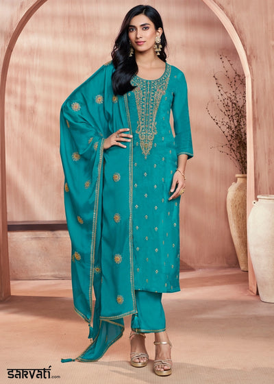 Cerulean Blue Dola Silk Straight Kurta Set with Embroidered work
