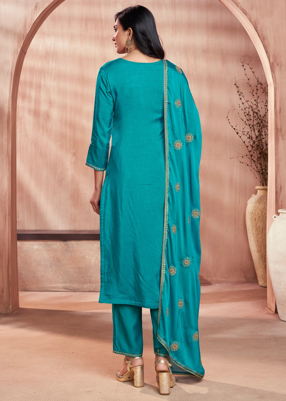 Cerulean Blue Dola Silk Straight Kurta Set with Embroidered work