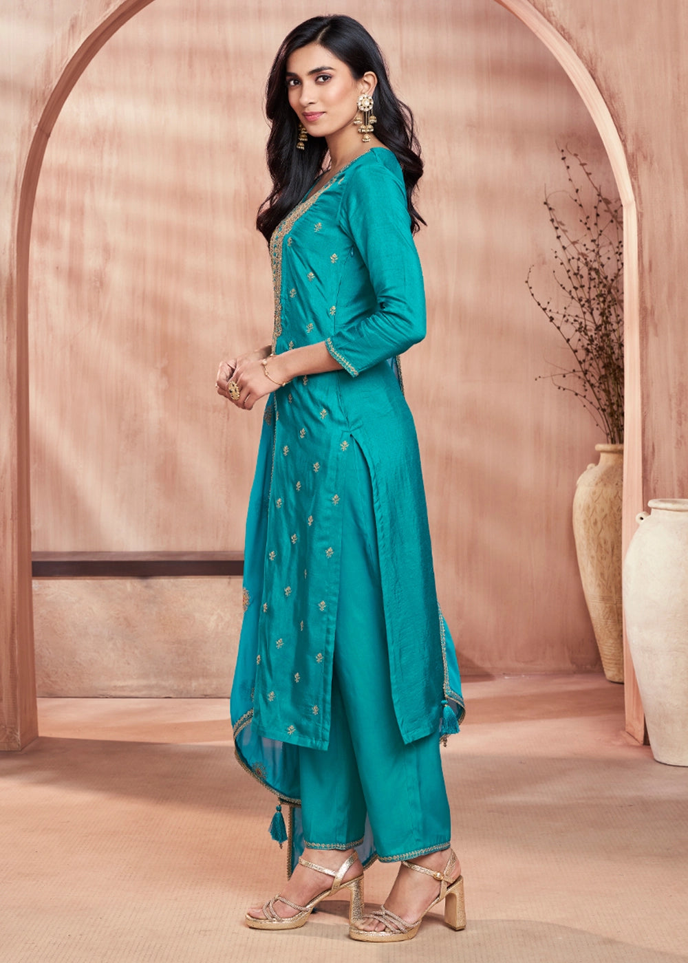 Cerulean Blue Dola Silk Straight Kurta Set with Embroidered work