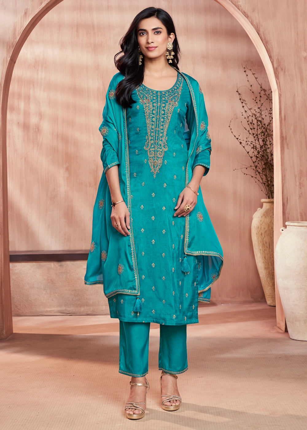 Cerulean Blue Dola Silk Straight Kurta Set with Embroidered work