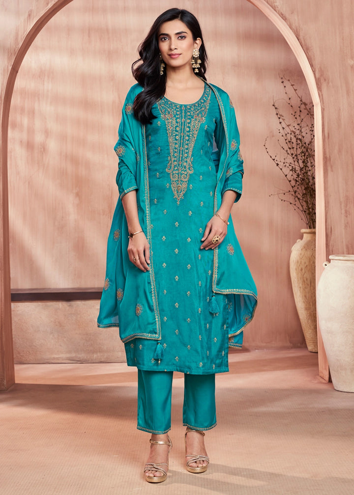 Cerulean Blue Dola Silk Straight Kurta Set with Embroidered work