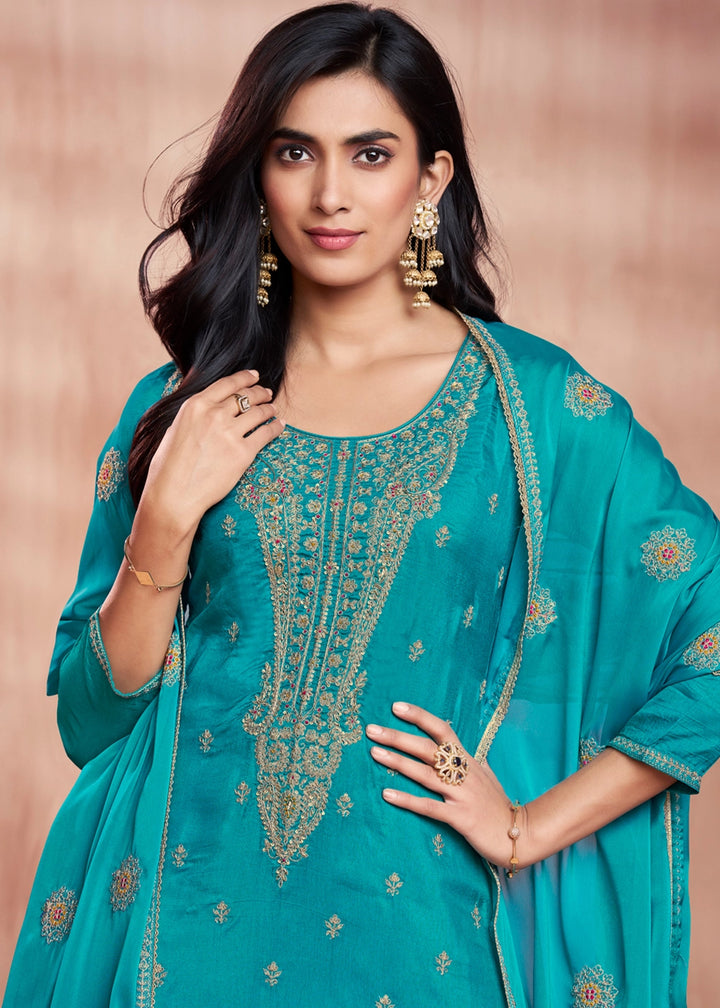 Cerulean Blue Dola Silk Straight Kurta Set with Embroidered work