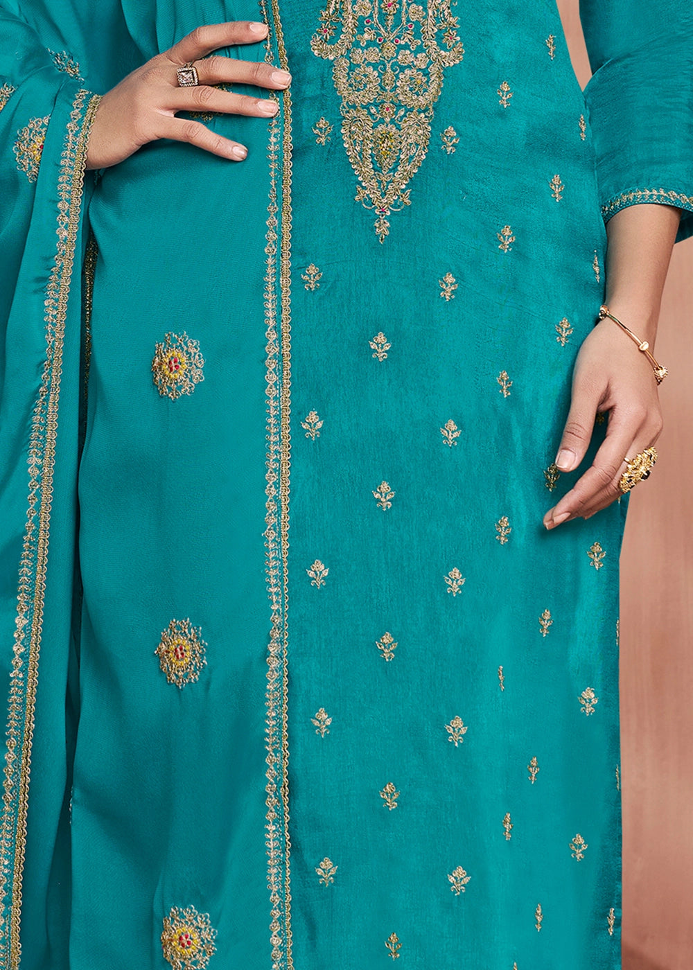 Cerulean Blue Dola Silk Straight Kurta Set with Embroidered work